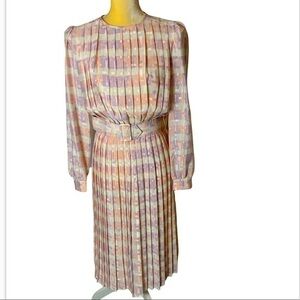 Vintage Lisa Michaels Pastel Pleated Long Sleeve Midi Dress Size 8 Pink Purple